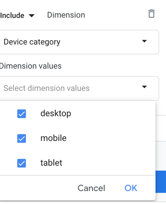 screen grab of Device Category Comparison options