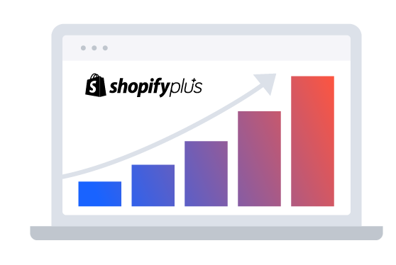 illustration with laptop screen with the shopify plus logo and arrow showing growth