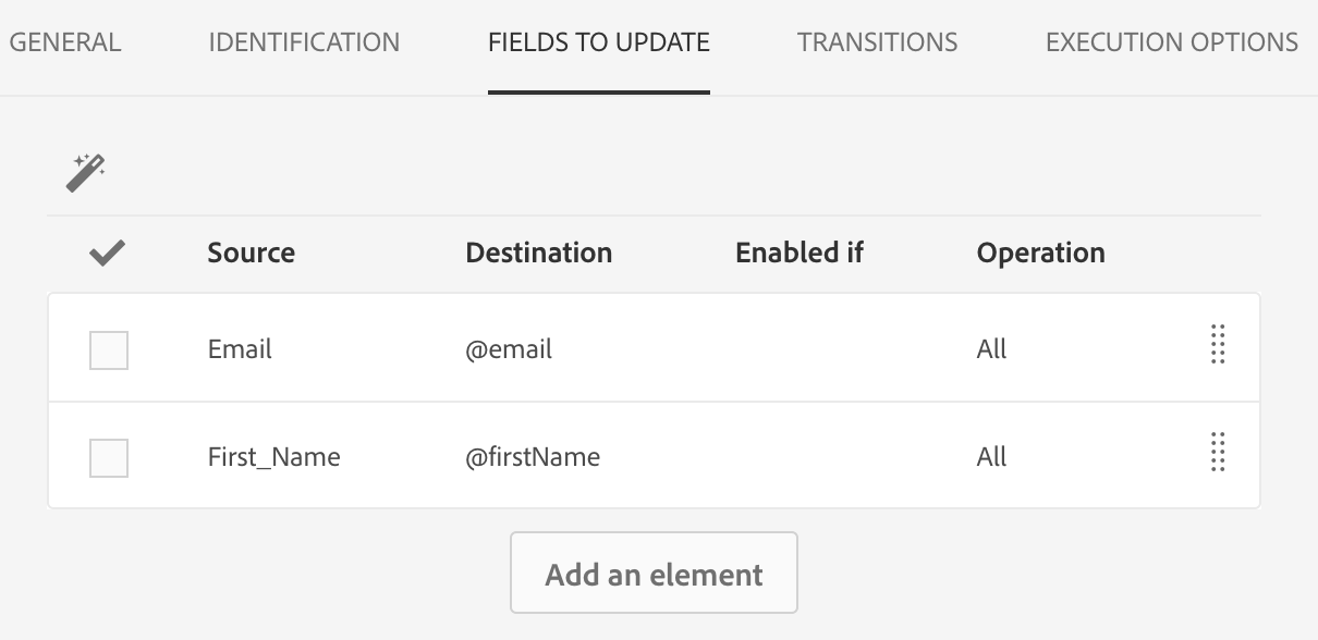 Screenshot of adding fields in the Fields to Update tab of the Update data activity
