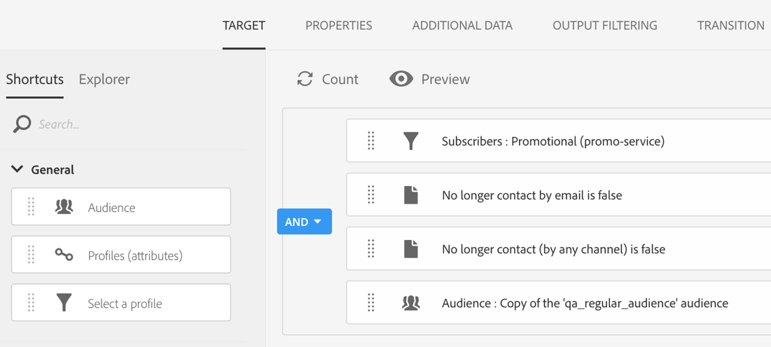 Screenshot of defining the Target in the Query Profiles activity.