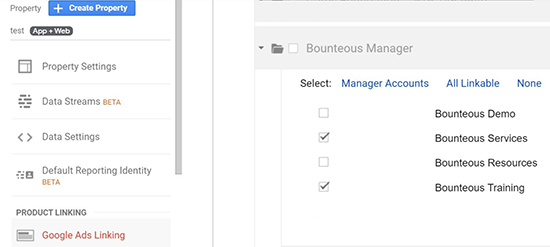 screen grab showing available ad accounts for selection where you can check the appropriate account box to import into Google Analytics App + Web