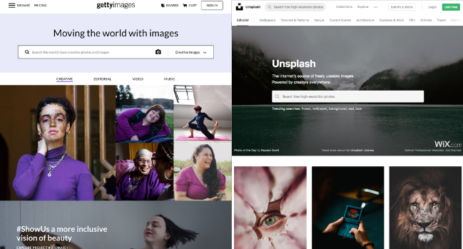 screen shot of free stock photo resources getty images and unsplash