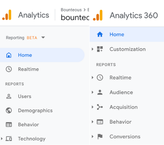 screen shot comparing the google analytics 360 navigation view to App + Web's navigation view