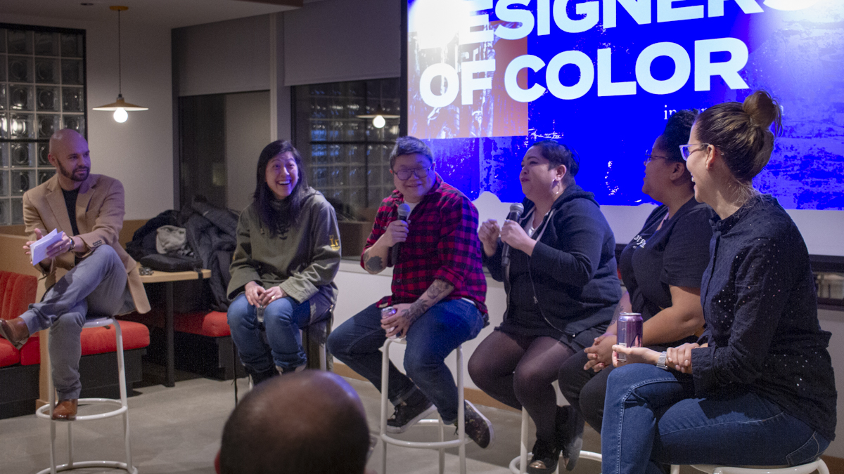 photo of moderator and featured designers during Designers of Color in Conversation event