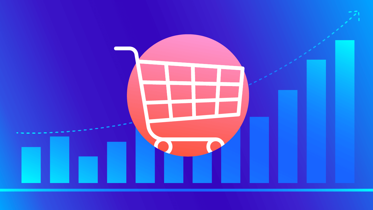 shopping cart on growth bar chart