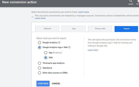 screen grab of new conversion action menu where you can select what data you want to import