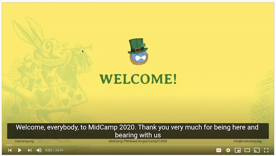 screen grab of midcamp welcome presentation on YouTube using captions in SRT format to provide the correct language