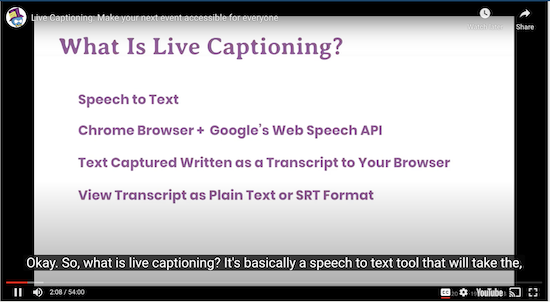 screen grab of slide from a midcamp presentation using live captioning