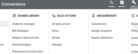screen grab of Google Ads tools & settings