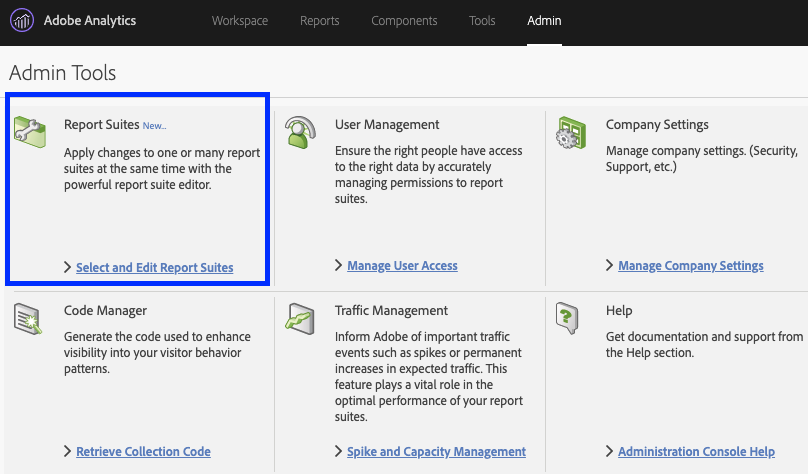 screen grab of Adobe Analytics, Admin Tools, Report Suite Manager
