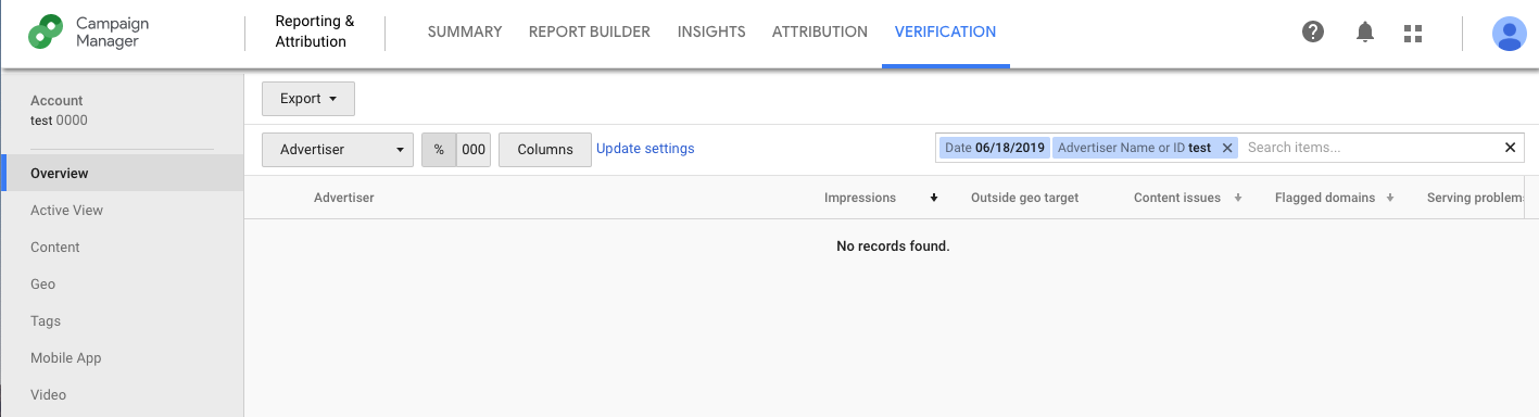 screen shot of Google's Campaign Manager Verification Tab