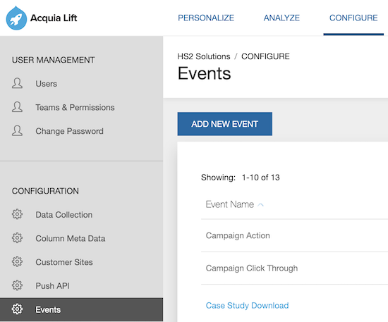 image showing where to add a new event in Acquia Lif