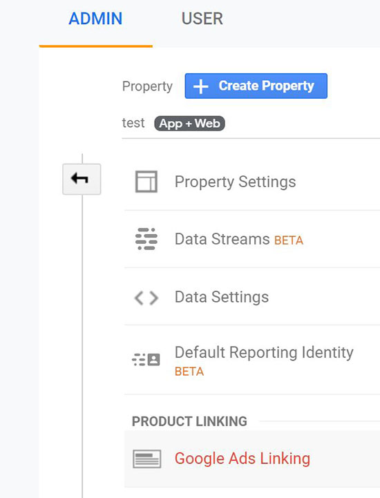 screen grab showing Admin Options in Analytics App + Web where you can click into Google Ads Linking under Property Settings