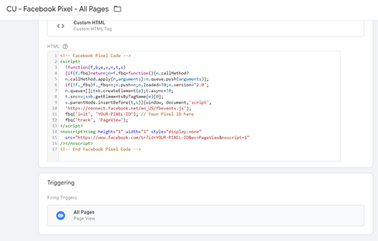 image of finished default facebook pixel tag with all pages trigger