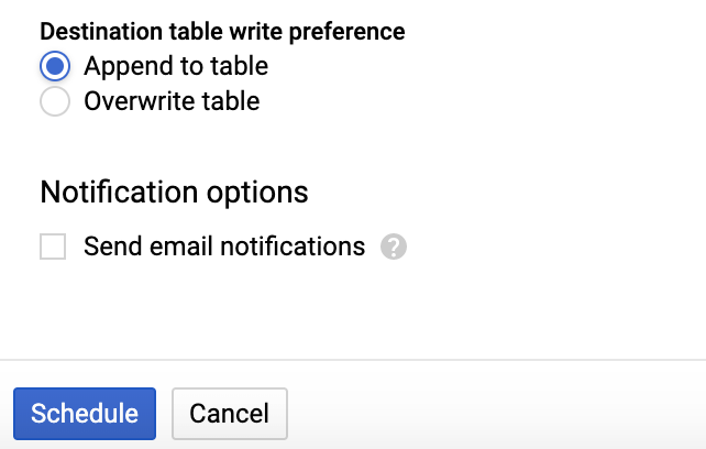 screenshot of Destination Table Write Preference