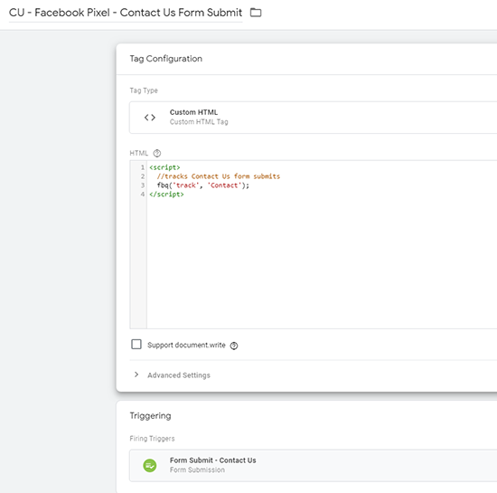 image of Facebook pixel with custom html for a standard event