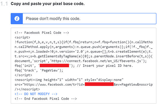Facebook Pixel base code in the configuration popup