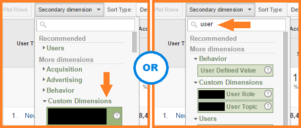 GA New vs Returning report with expanded menu for secondary dimensions