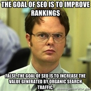 The goal od SEO is to improve rankings. False. The goal of SEO is to increase the value generated by organic search traffic.