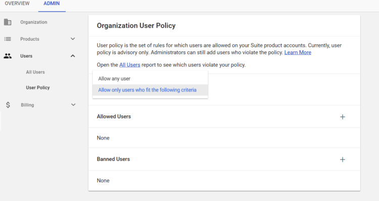 ADMIN user policy options