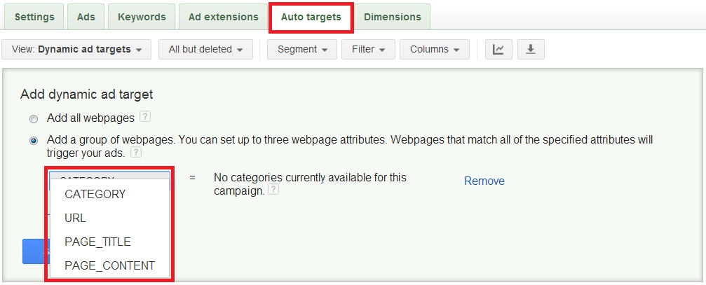 Select your webpage criteria to create an dynamic search auto-target