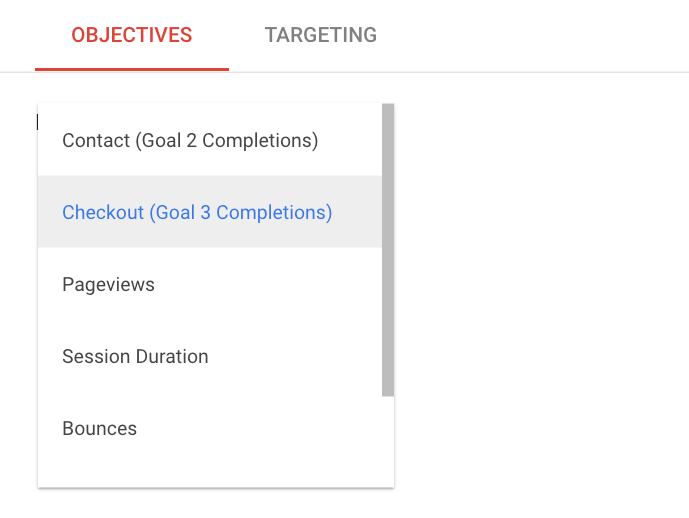 Experiment objectives in Google Optimize