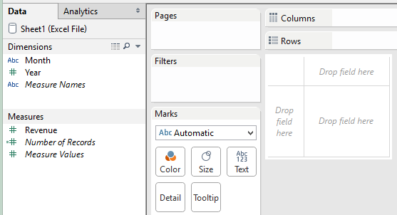 Tableau dimensions and measures in a new worksheet