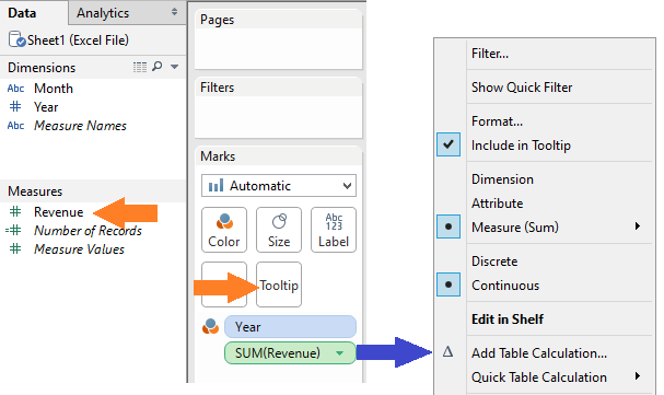 Tableau YOY bar chart tooltip with percent change