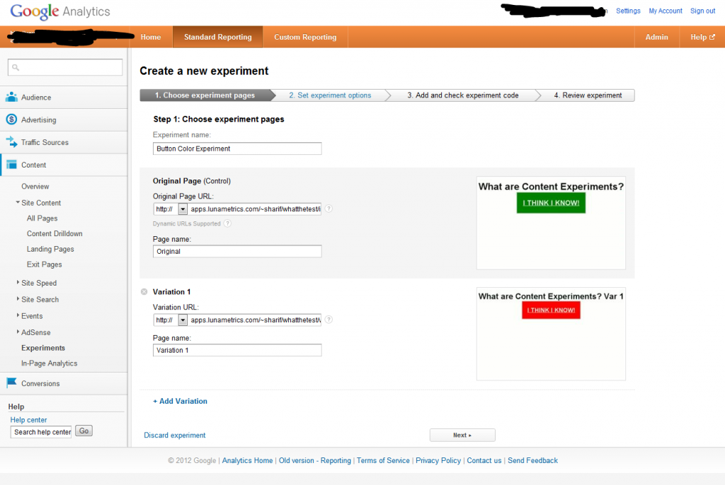 Google Analytics Content Experiments Screen 4