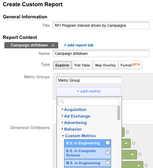 Create custom report with custom metrics in Google Analytics