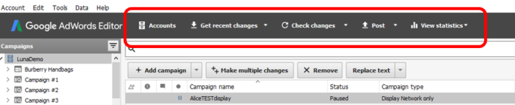 Google AdWords Editor Top Navigation