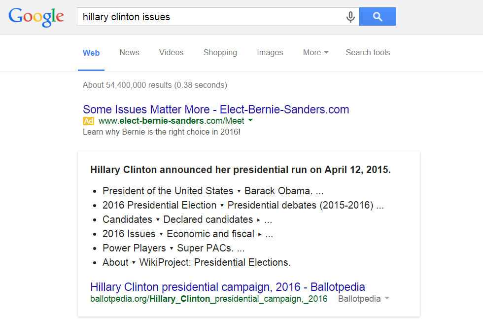 Mockup: Google ad for Bernie Sanders and Hillary Clinton