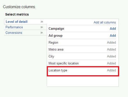 locate location type in adwords