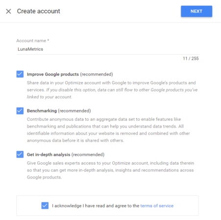 how to name your google optimize account