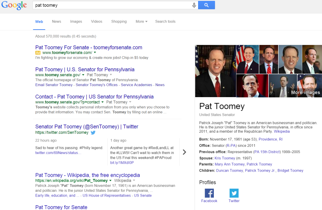 Senator Pat Tooney using branded ads in the search results