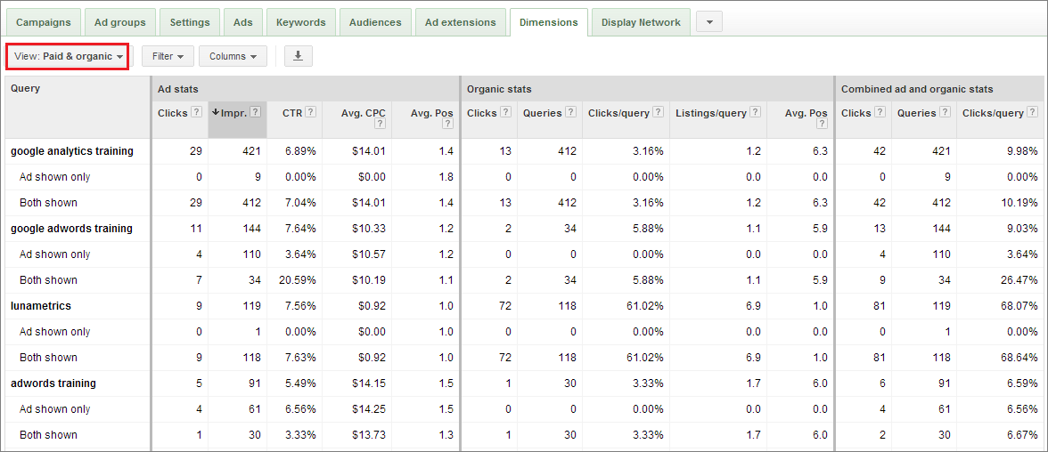 Example of Google AdWords Paid & Organic Report