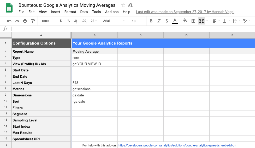 screenshot of Google Analytics moving averages work sheet