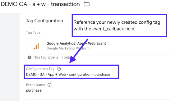 image showing where to reference your config tag in your purchase event tag
