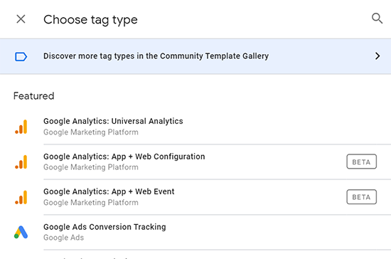 image showing how to discover More Tag Types in the Google Tag Manager Community Template Gallery